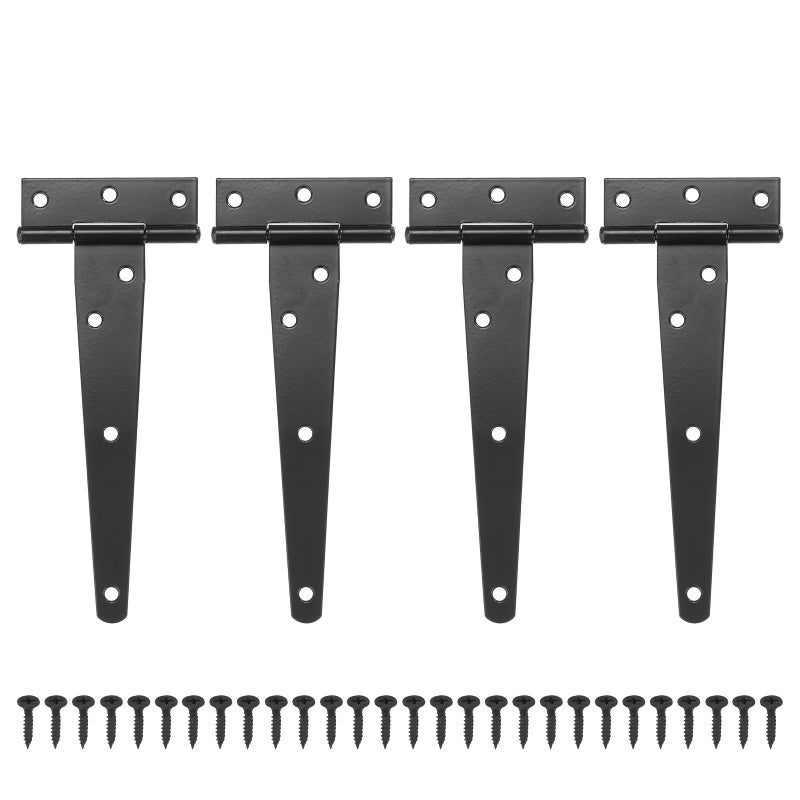 M METERXITY 4-Pack Iron T-Strap Shed Door Hinges, 6 Inch Barn Door Gate Hinges, Tee Hinge Wrought Hardware with Screws for Wooden Fences/Yard/Barn Door [Black] - Image 1